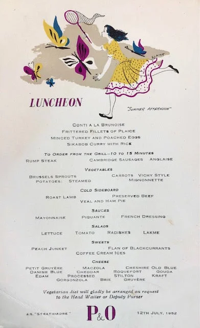 *NEW* P & O Lines. S.S. "Strathmore" Luncheon Menu - Summer Afternoon