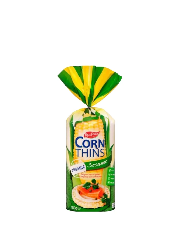 REAL FOODS CORN THINS SESAME 150G