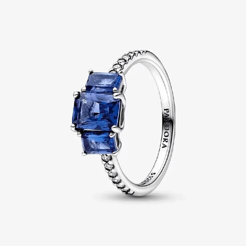 PANDORA : Blue Rectangular Three Stone Sparkling Ring