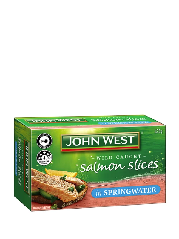 JOHN WEST SALMON SLICES IN SPRING WATER 125G