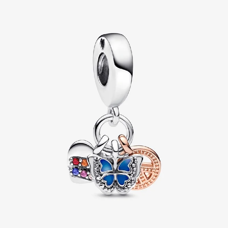 PANDORA : Two-Tone Rainbow Heart, Butterfly & Peace Triple Dangle Charm